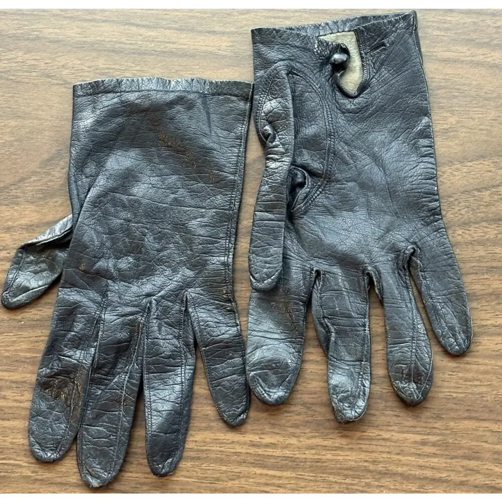 Vtg Black Leather Driving Gloves Womens 7 Button